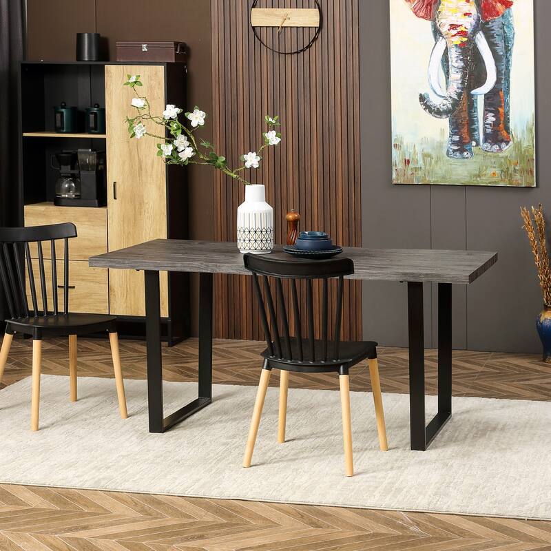 HOMCOM 63" Dining Table, Industrial Kitchen Table with Wave-edged Tabletop and Steel Legs for Up to 6 People, Grey - Grey