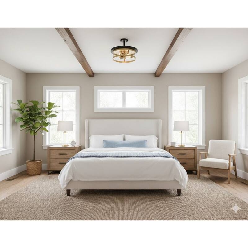 A black and gold round semi flush mount with a clear glass shade