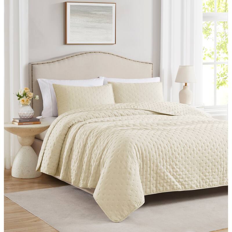 Cayla Microfiber Embossed Quilt Set - Ivory - Queen