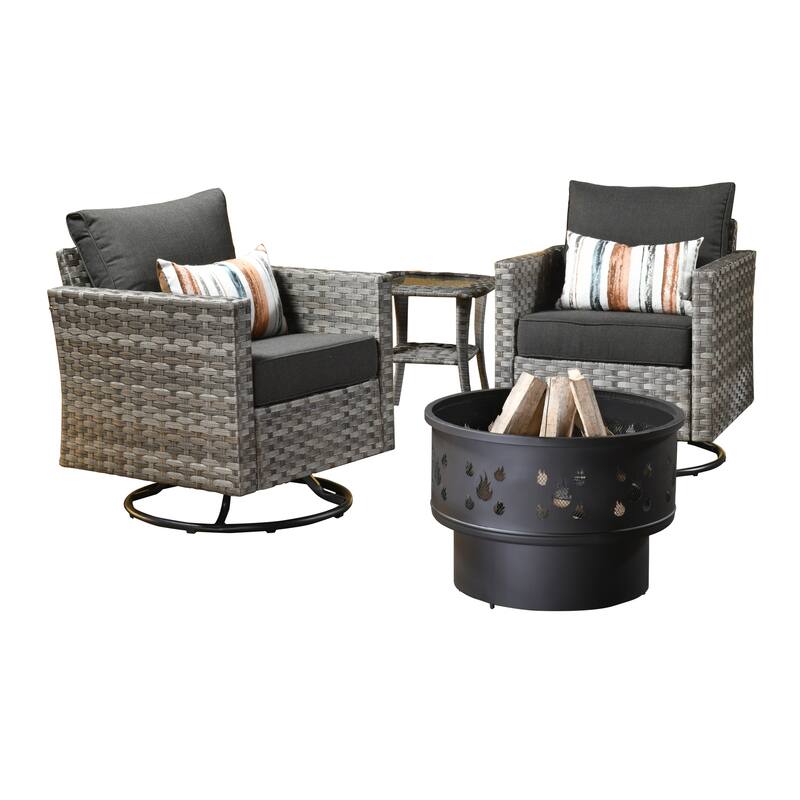 HOOOWOOO 4-piece Wicker Patio Swivel Chair Set with Wood Burning Fire Pit