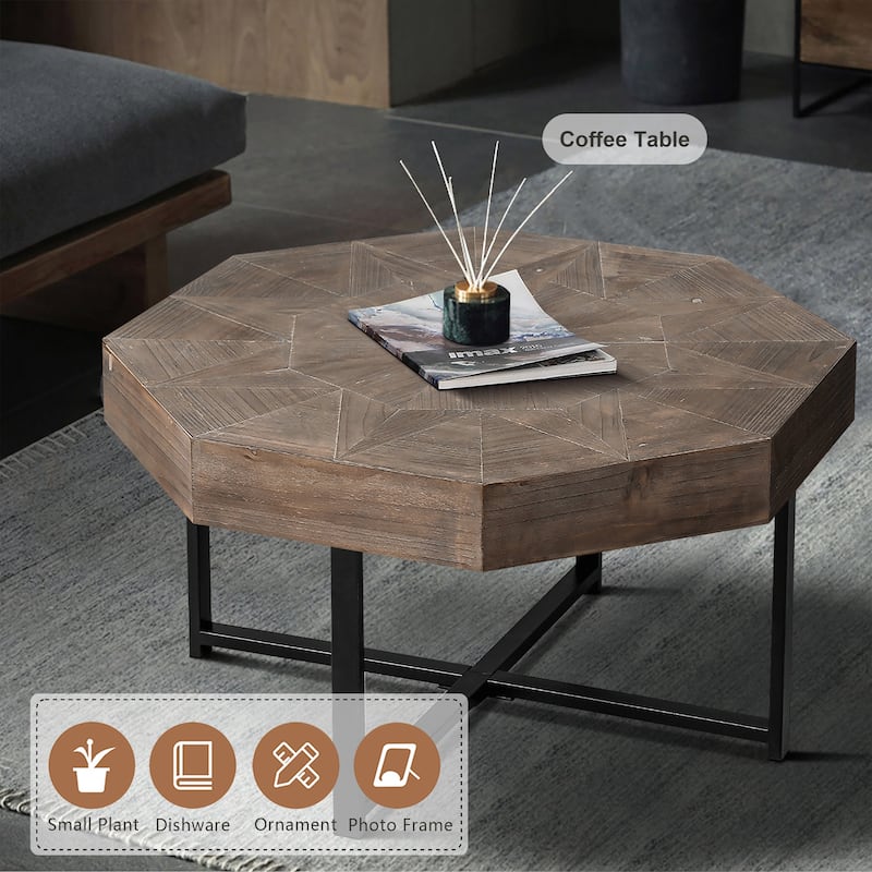 30 Inch Wood Octagonal Vintage Patchwork Craft Farmhouse Coffee Table with Cross Metal Legs