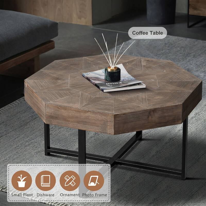 Octagonal Retro Patchwork Farmhouse Coffee Table with Wooden Tabletop Cross Metal Legs, for Living Room Antique Brown