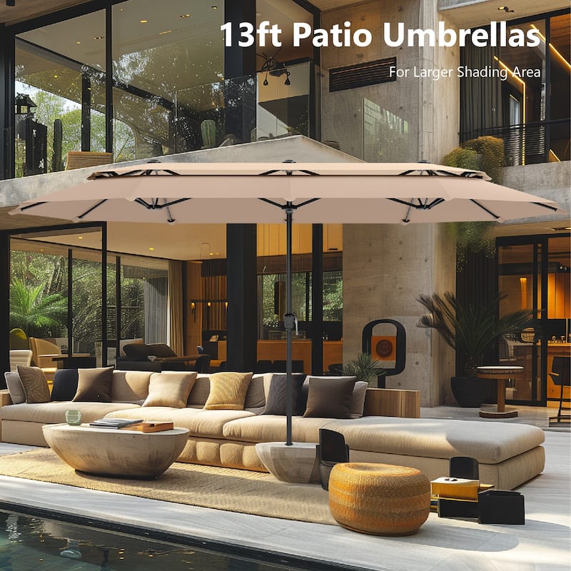 MAISON ARTS 13ft Double-Sided Outdoor Umbrella, 2-Tier Vented Market Umbrella with Colored Lights and Base