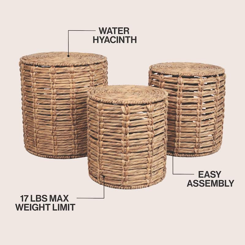 JONATHAN Y Zaria 18" Coastal Bohemian Handwoven Water Hyacinth Nesting Round Accent Table (Set 3)