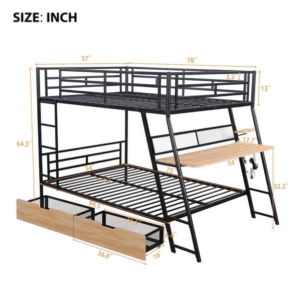 Full Size Metal Bunk Bed Built-in Desk, Light and 2 Drawers
