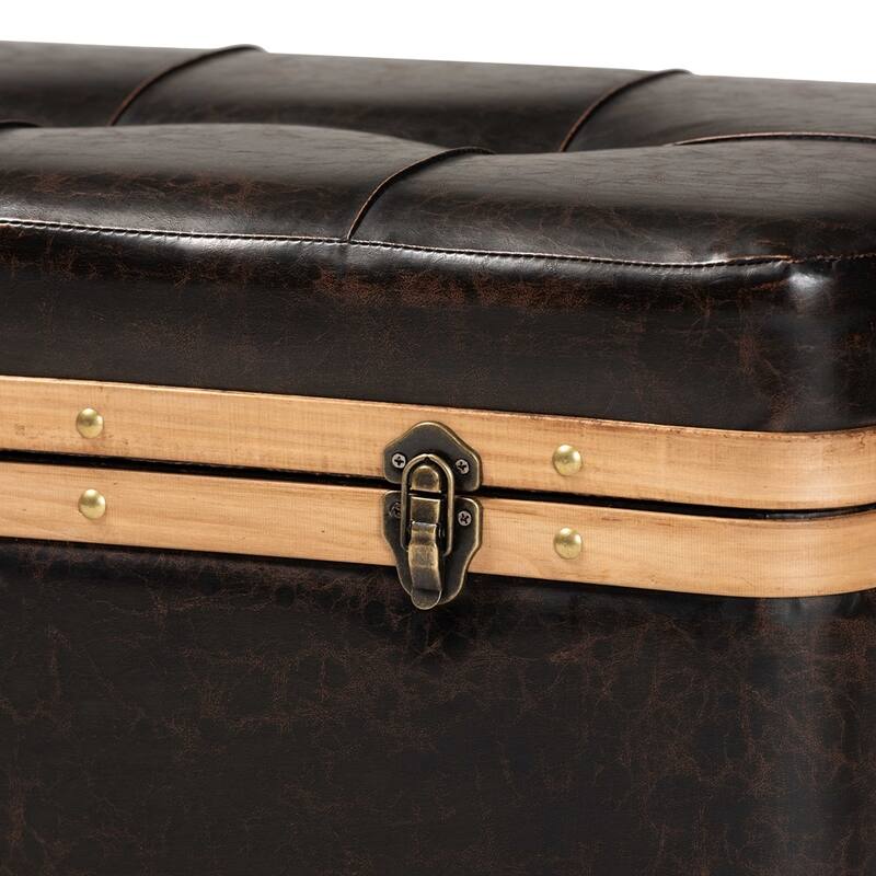 Modern Rustic Transitional Dark Brown Faux Leather Upholstered and Oak Brown Finished Wood Large Storage Ottoman