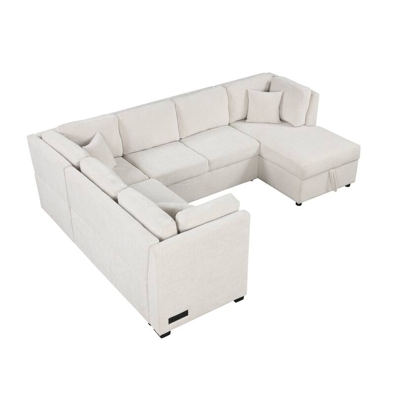 108.6" Chenille U-Shaped Sectional Sofa Bed with USB Ports, Storage Chaise, and 3 Back Pillows