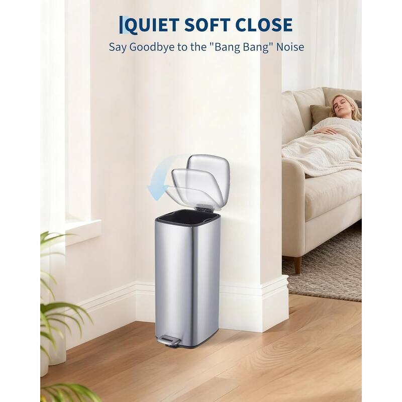 8 Gal / 30L Square Step Trash Can Stainless Steel with Lid and Inner Bucket White