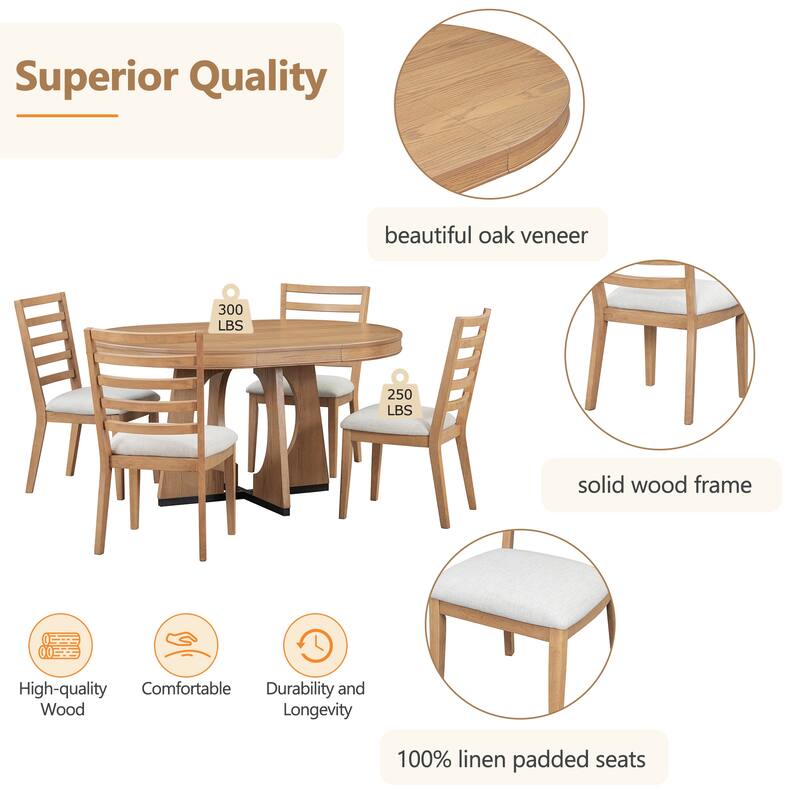 5-Piece Dining Set with Extendable Round Table & 4 Upholstered Chairs
