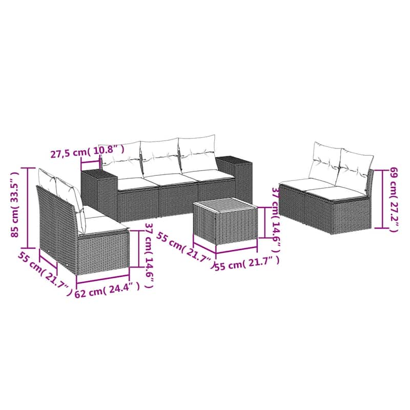 vidaXL Patio Sofa Set with Cushions Outdoor Furniture 8 Piece Poly Rattan - 21.7 x 21.7 x 14.6