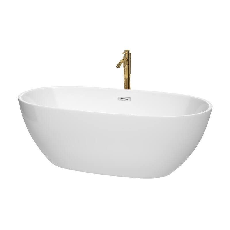 Wyndham Collection Juno 67" Freestanding Soaking Tub with Tub Filler - White / Polished Chrome Trim / Brushed Gold Faucet