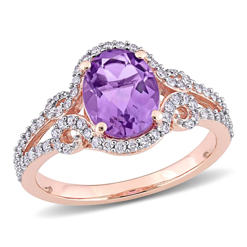 Miadora 14k Rose Gold Oval-cut Amethyst and 1/3ct TDW Diamond Halo Split Shank Engagement Ring