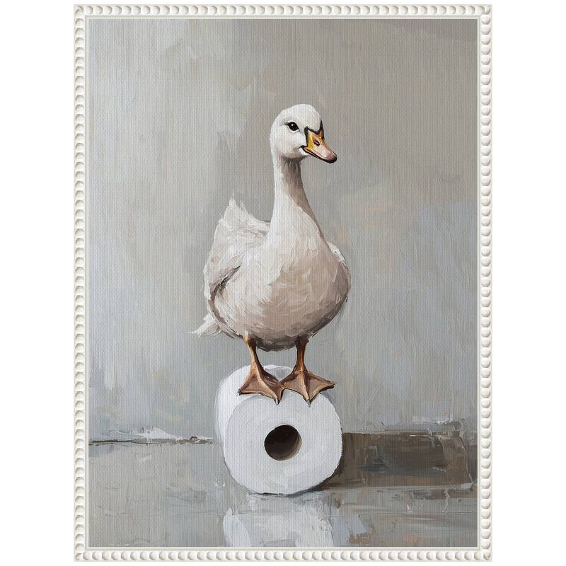 Kate and Laurel Sylvie Goose Standing on a Toilet Paper Roll Bathroom Art Framed Canvas by The Creative Bunch Studio