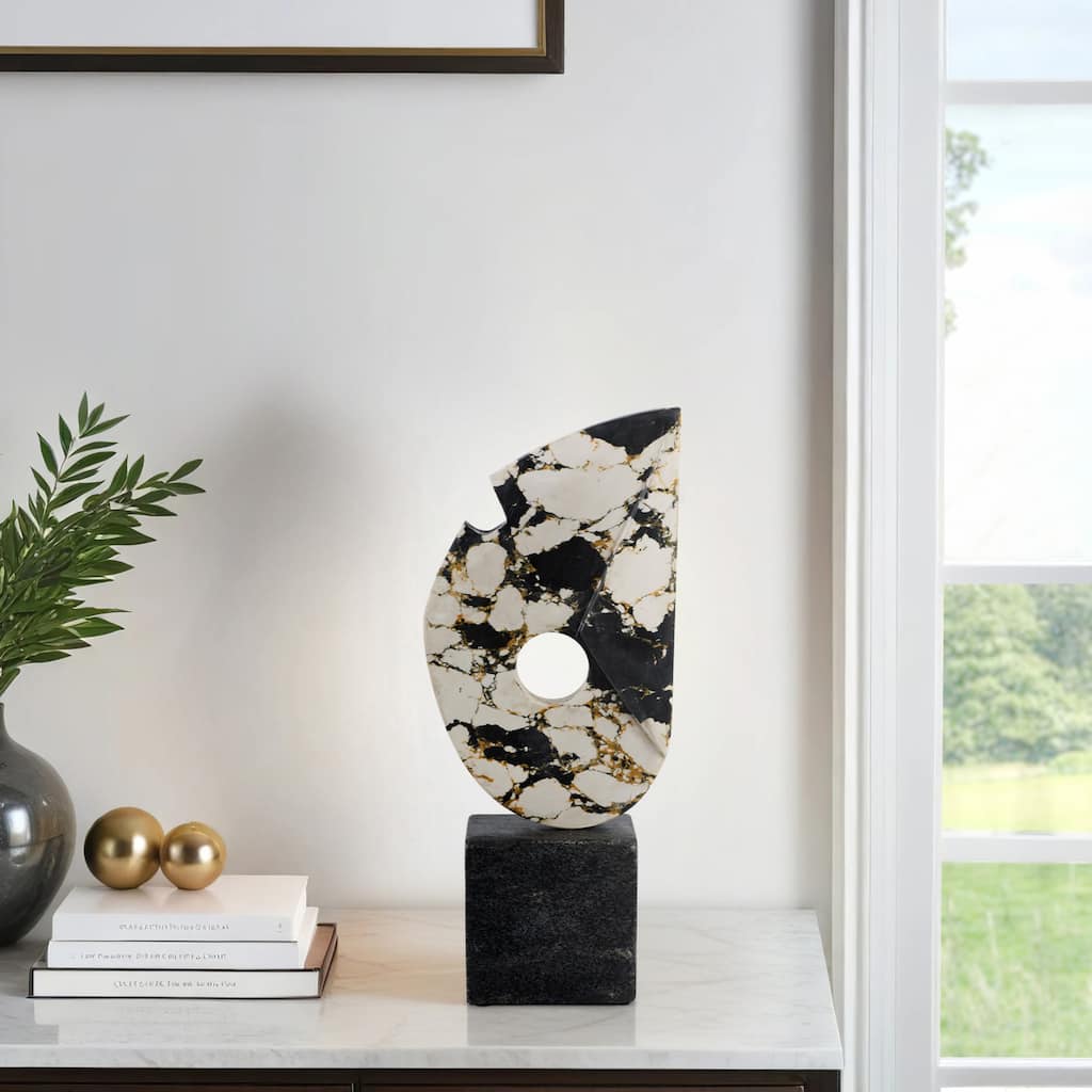 Modern Terrazzo Marble Sculpture with Base - Black & White