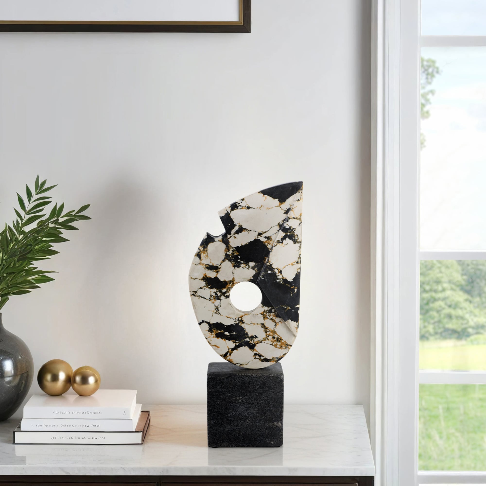 Modern Terrazzo Marble Sculpture with Base - Black & White