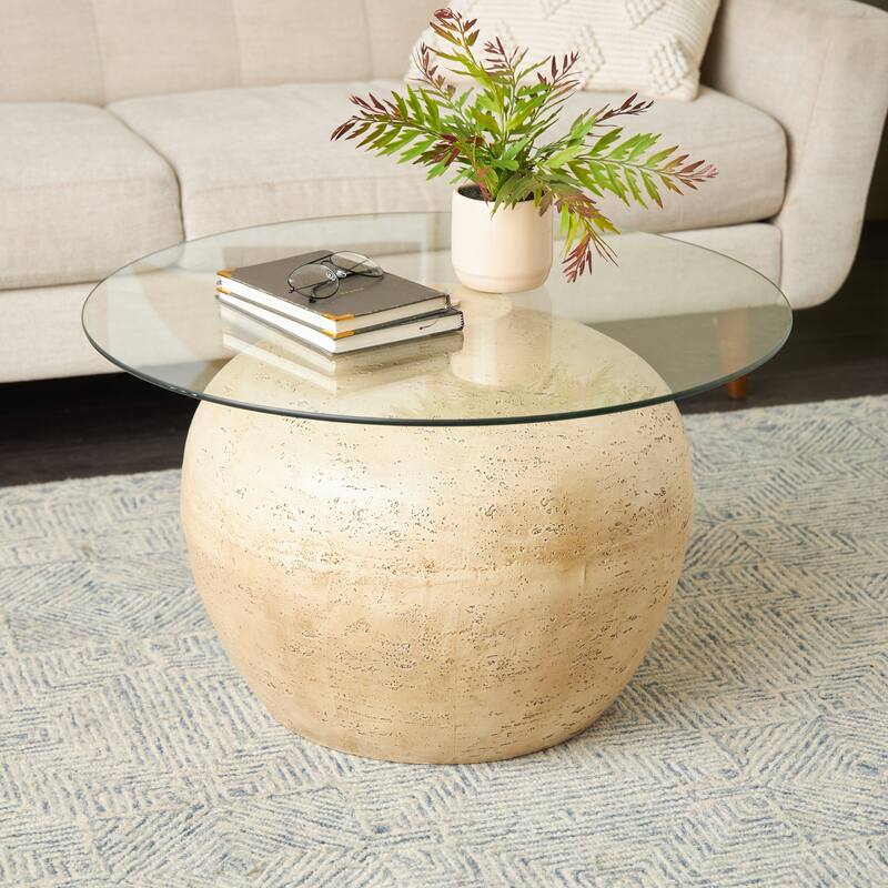 Beige Resin Wide Living Room Coffee Table with Glass Tabletop - Beige