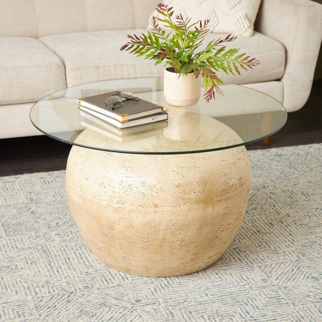 Beige Resin Wide Living Room Coffee Table with Glass Tabletop