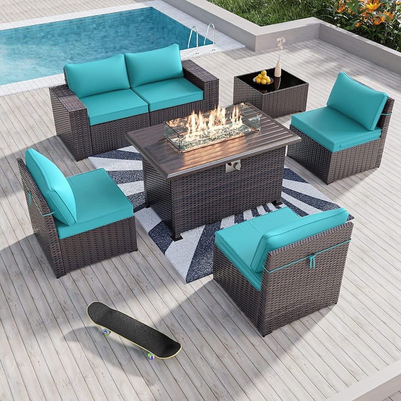 Outdoor Patio Furniture Set, All Weather PE Wicker Sectional Conversion Sofa set with Firepit(Optional) - 6Pcs w/Firepit - Turquoise