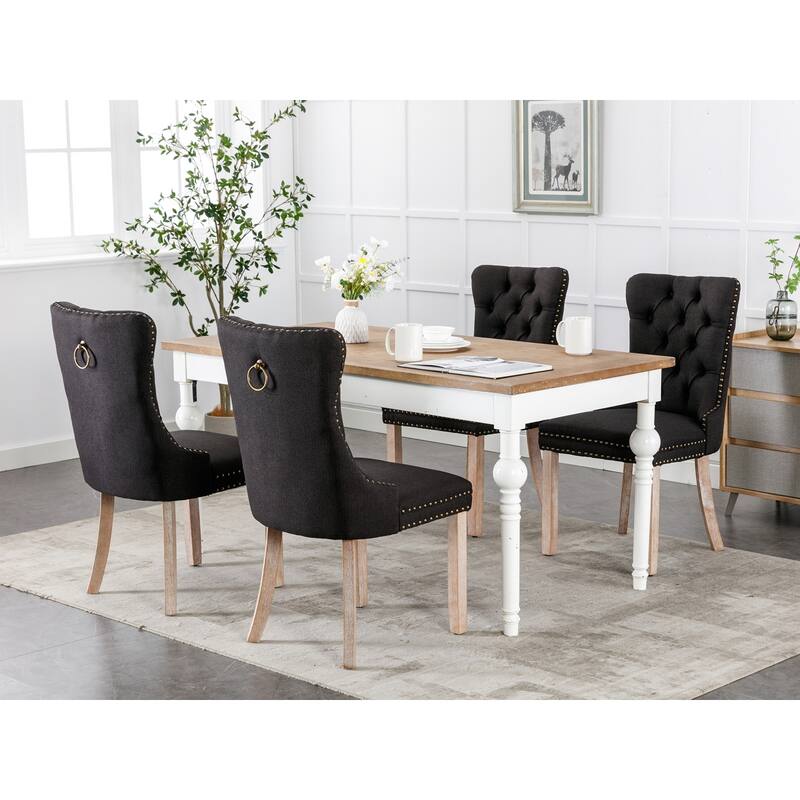 Set of 2 Linen Or Velvet Upholstered Dining Chairs with Nailhead Trim and Wooden Legs