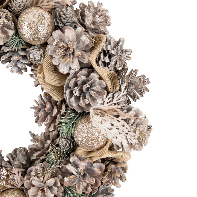 Green Pine Burlap Bows Artificial Glitter Christmas Wreath 13.75"