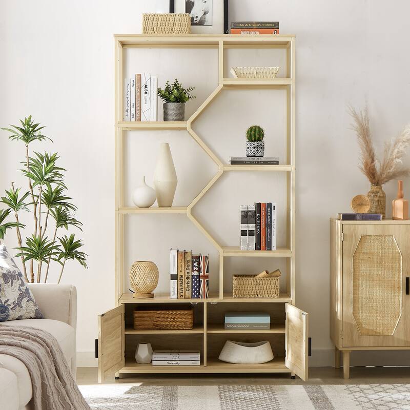 Anmytek 7-Tier Bohemian Rattan Storage Bookcase with Cabinet