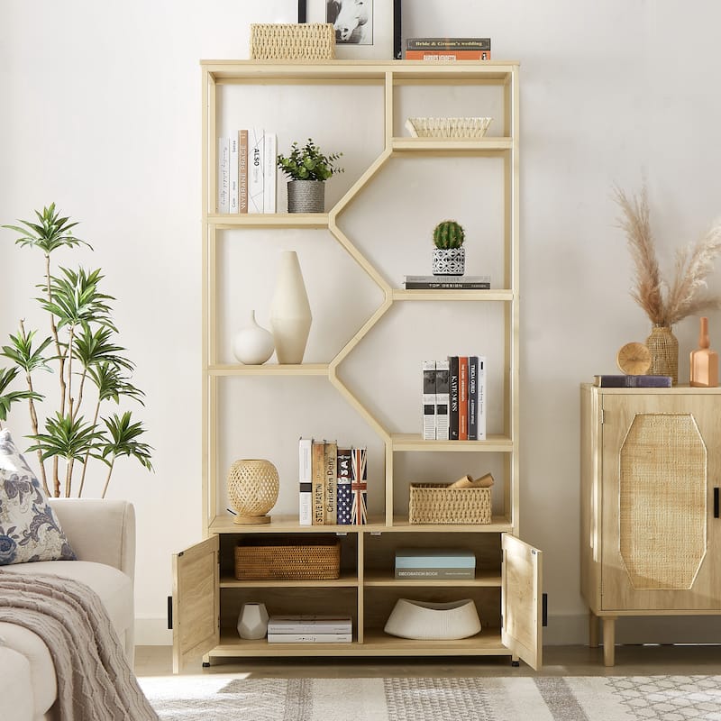 Rattan bookshelf 7 tiers Bookcases Storage Rack with cabinet for Living Room Home Office