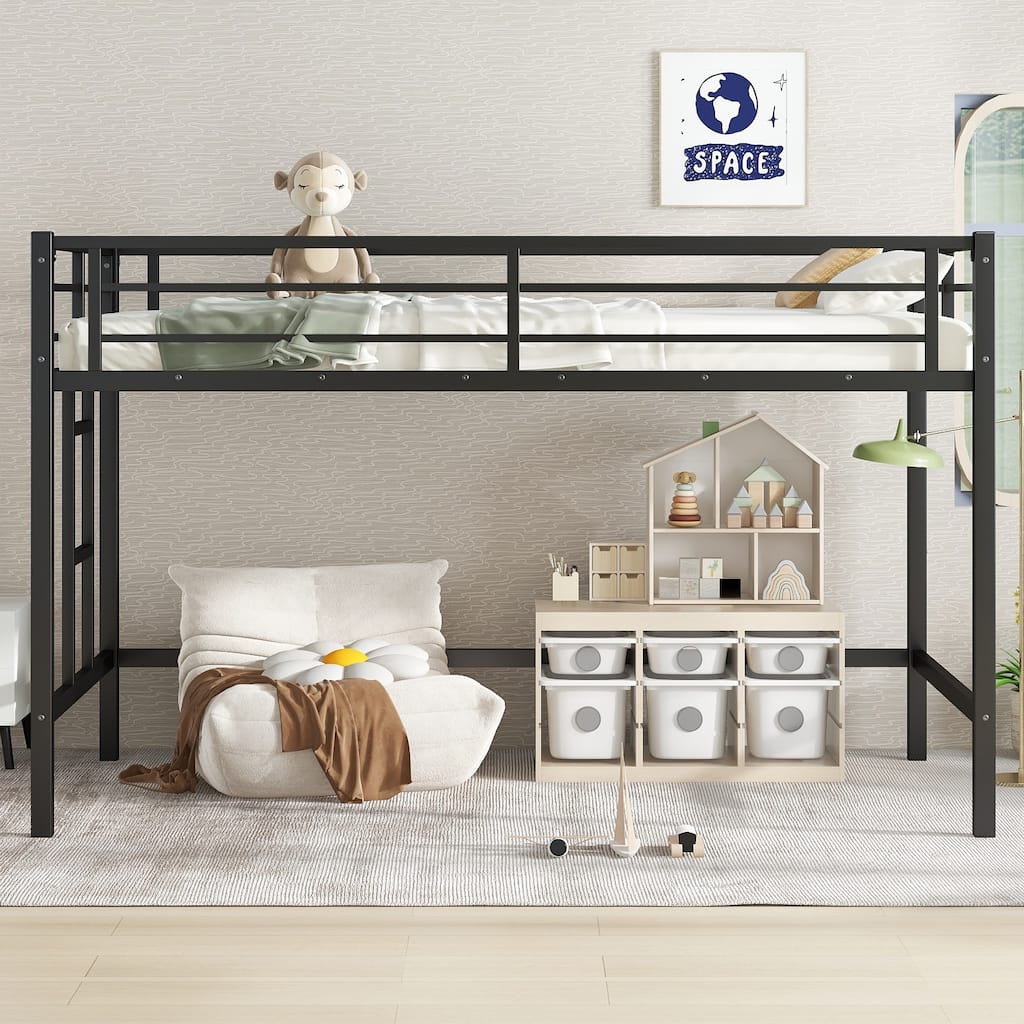 Classic Twin Size Metal Loft Bed with Under Bed Storage, Industrial Metal High Loftbed Frame with Ladder and Safety Guardrails