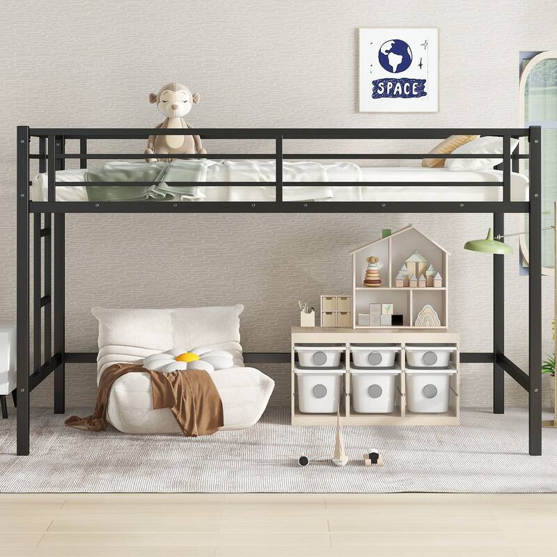 Twin Metal Loft Bed with Ladder and Guardrails, Black Elevated Bed with Under Bed Storage Space Durable Sturdy Frame