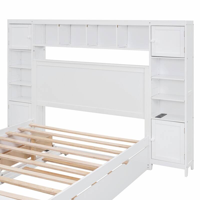 Wooden Bed with Built-in Cabinet, Shelf, and Sockets