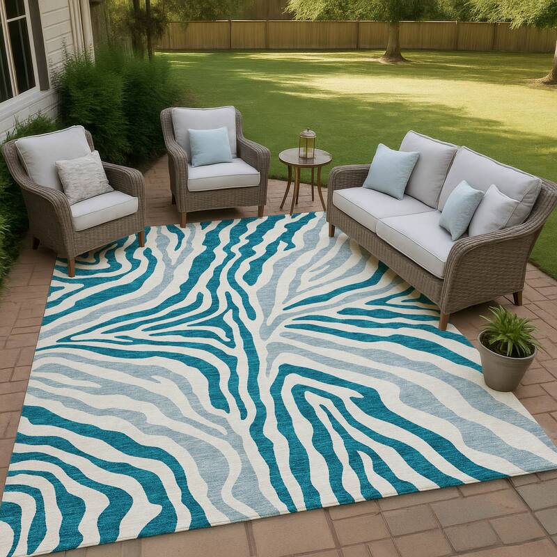 Machine Washable Indoor/ Outdoor Modern Prints Chantille Rug - Teal - 3' x 5'