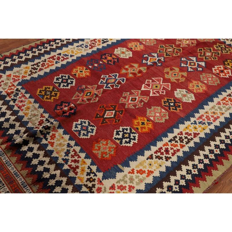 Red Kilim Qashqai Persian Vintage Rug Flatweave Geometric Wool Carpet - 5'4"x 7'7"