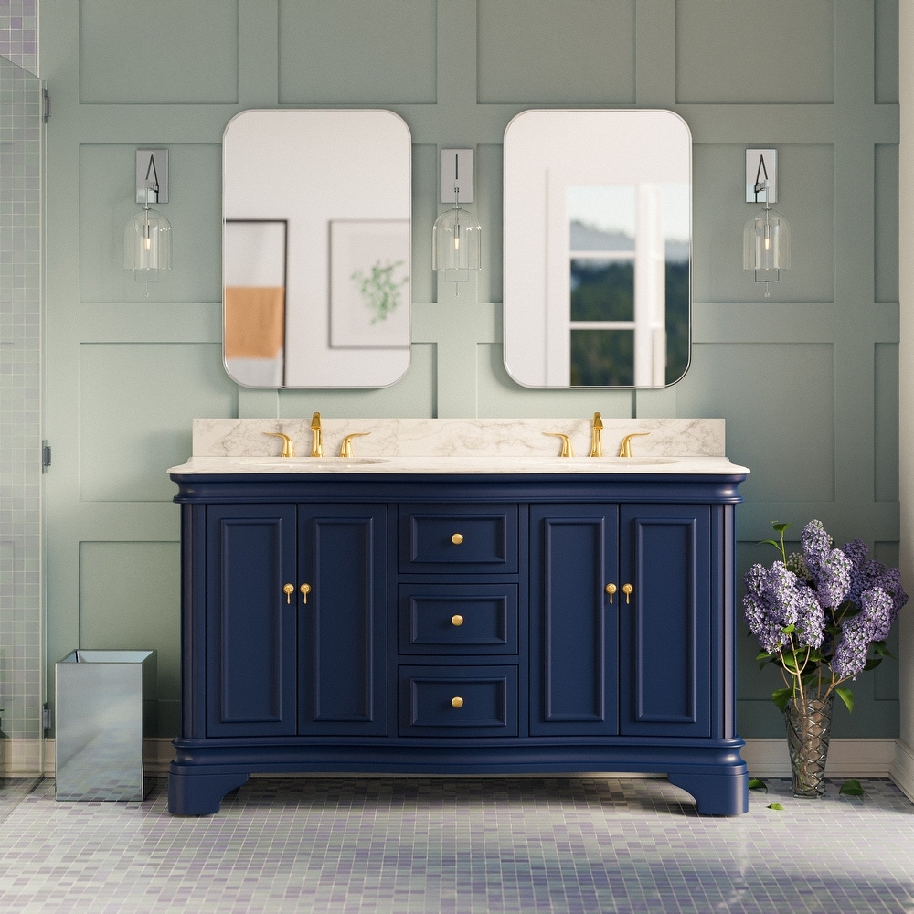 Stufurhome HE-7131B-60-CR 60 in. Brittany Double Sink Bathroom Vanity with Mirror, Dark Blue