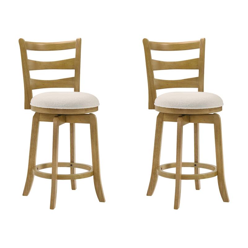 Melindra White Boucle Swivel Bar Stool, Upholstered Counter Stool with Solid Wood Legs - Set of 2 - Amber Glow - Counter Height