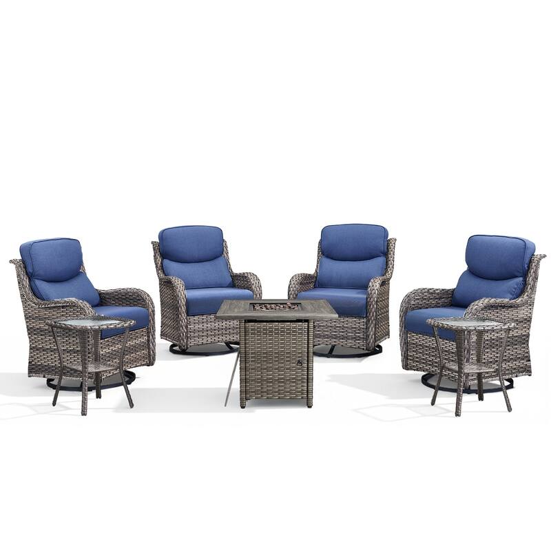 Meyreso 7-Piece Outdoor Patio Wicker Fire Pit 4 person Conversation Set with 5-Inch Thick Cushions