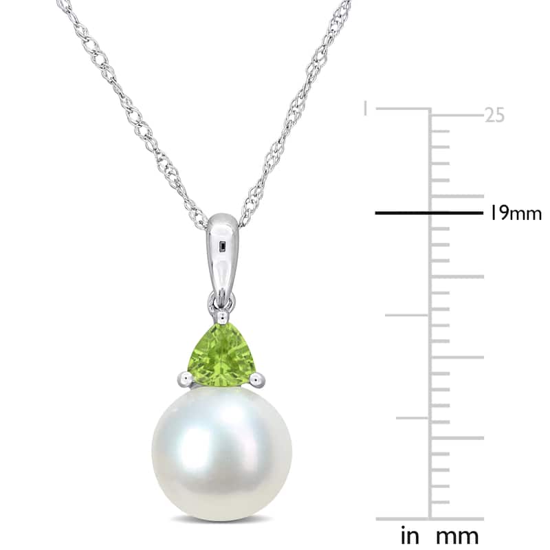 Miadora 8-8.5mm Cultured Freshwater Pearl and 1/3ct TGW Peridot Pendant with Chain in 10k White Gold - 19 mm x 8.3 mm