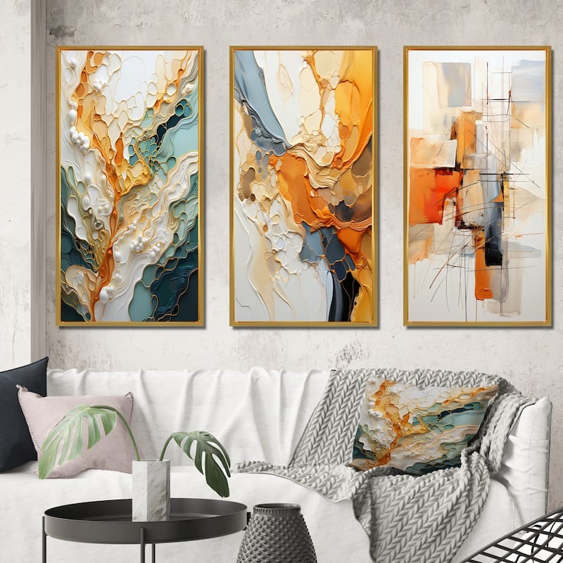 Designart "Orange White Line Art Organic Abstraction" Abstract Framed Wall Art Set Of 3 For Living Room Decor - 38 in. wide x 28 in. high - 3 Panels - Gold
