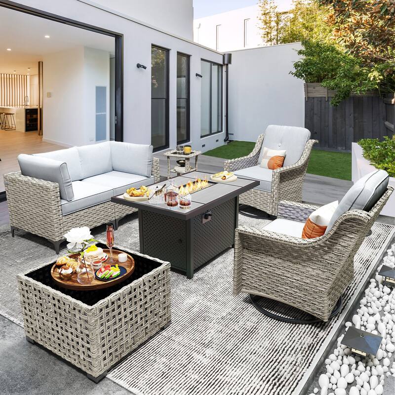 OVIOS 7 Pieces Outdoor Wicker Furniture Set With Solar-Powered Coffee Table&Fire Pit - Light Gray