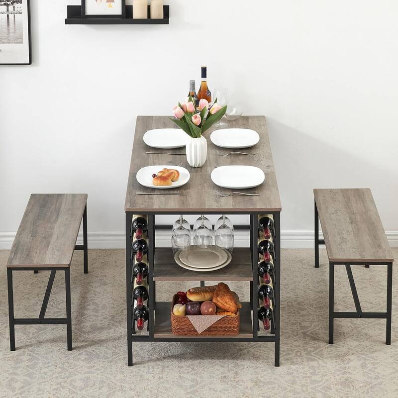Dining Table Set with 2 Benches and Storage Shelf, Rectangular Table for Small Dining Area or Apartment