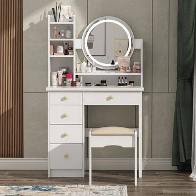 31.5'' W Makeup Vanity Set with Stool and Mirror LED Light Dressr