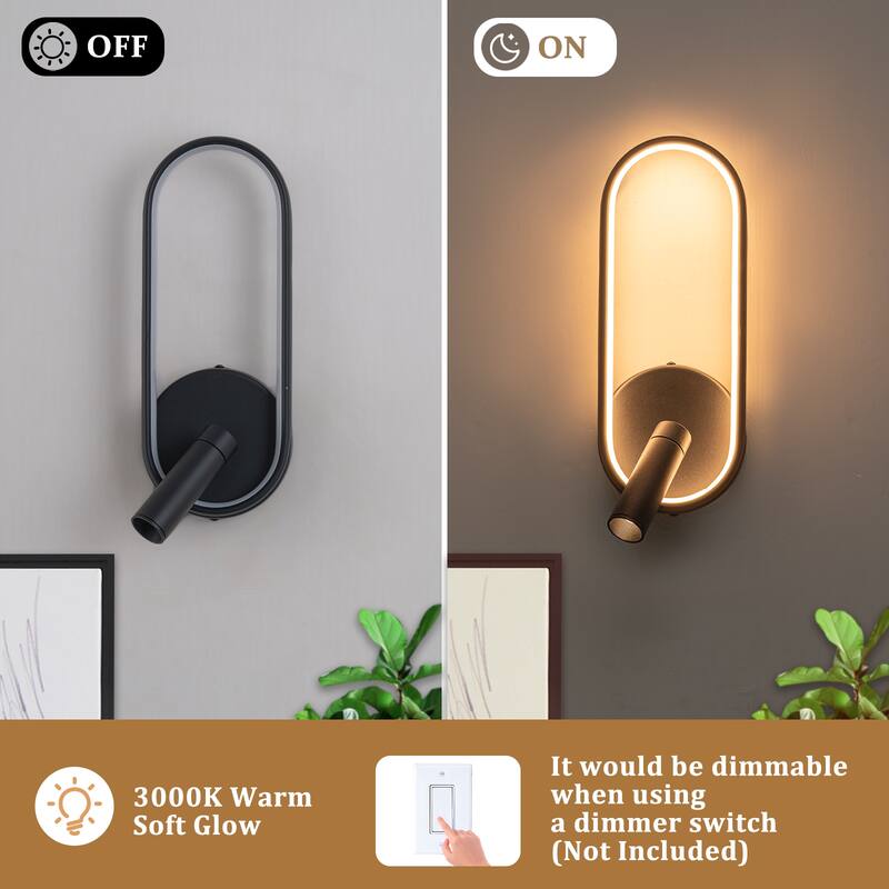 Modern Black LED Wall Sconce Oval Ring & Adjustable Spotlight Dimmable