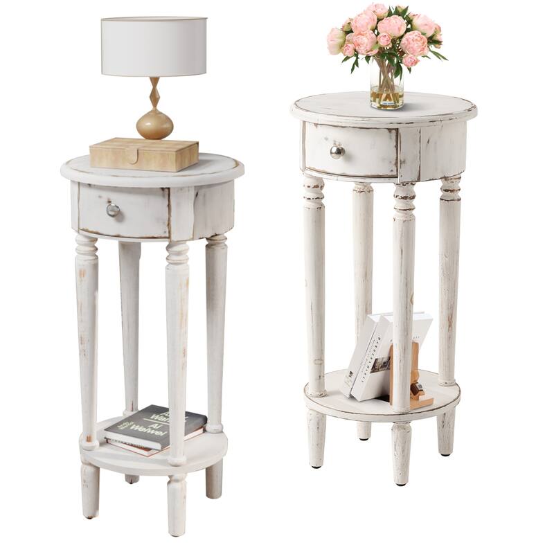 COSIEST White Distressed Round Tall Telephone Stand Table - 2pc