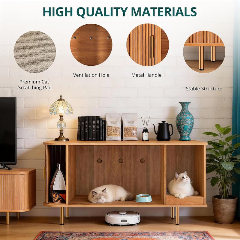 38.5" Cat Litter Box Enclosure with Scratch Pad and Sliding Door,Cat Hidden Litter Box Cabinet,Modern Indoor Cat House,TV Stand