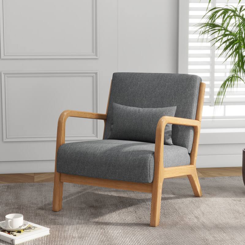 Mid Century Solid Wood Upholstered Accent Chair - GRAY/Linen/NATURAL WOOD HIGH SIDE FRAME