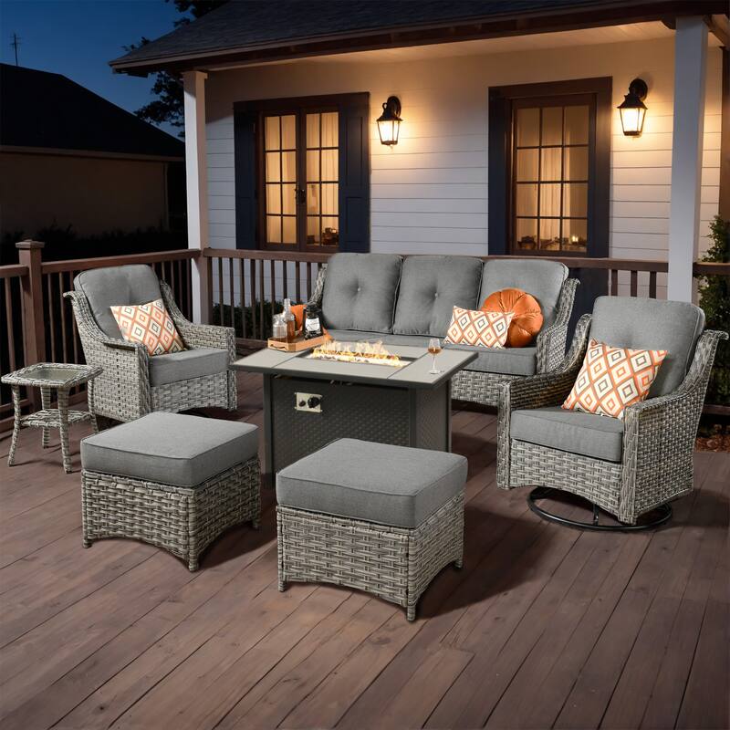 XIZZI 7-piece Patio Wicker Furniture High Back Chair Set with Firepit Table - Dark Grey