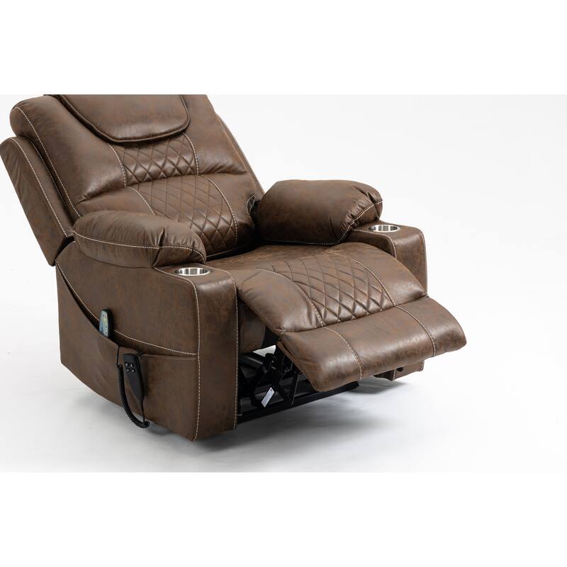 Dual OKIN Motor Power Lift Recliner Chair, Oversized Electric Sofa Chair with Heat & Massage, Lounge Chair with 2 Cup Holders - Brown