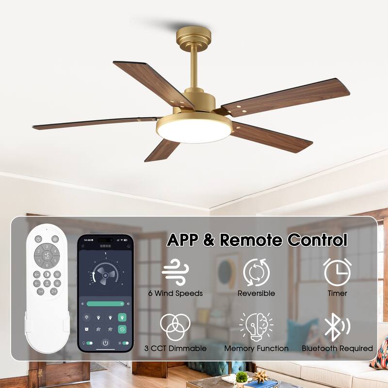 Vaczon Modern 52" Gold Wooden 5-Blade Smart Ceiling Fan with Light and APP Control