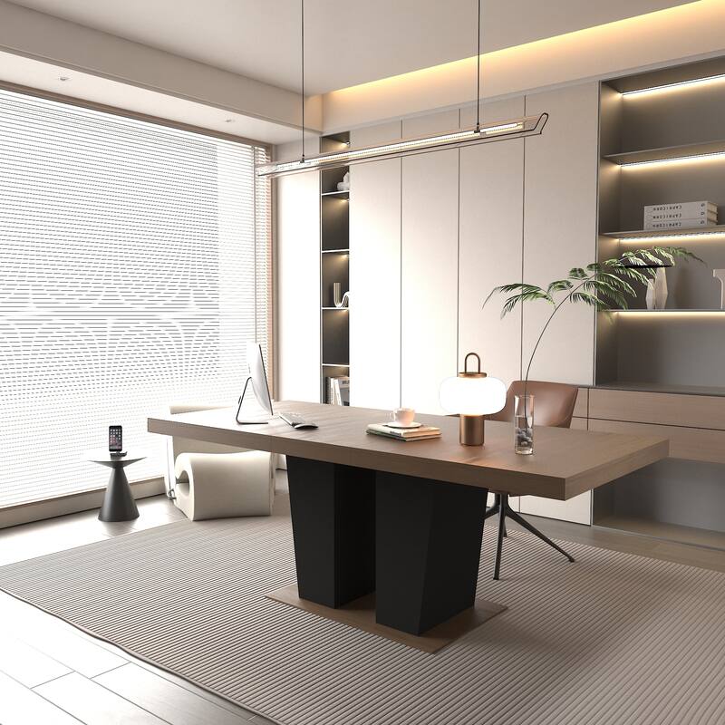 Extendable Dining Room Table, Wooden Kitchen Table with Double Pedestal Base, Large Meeting Table Home Office Table