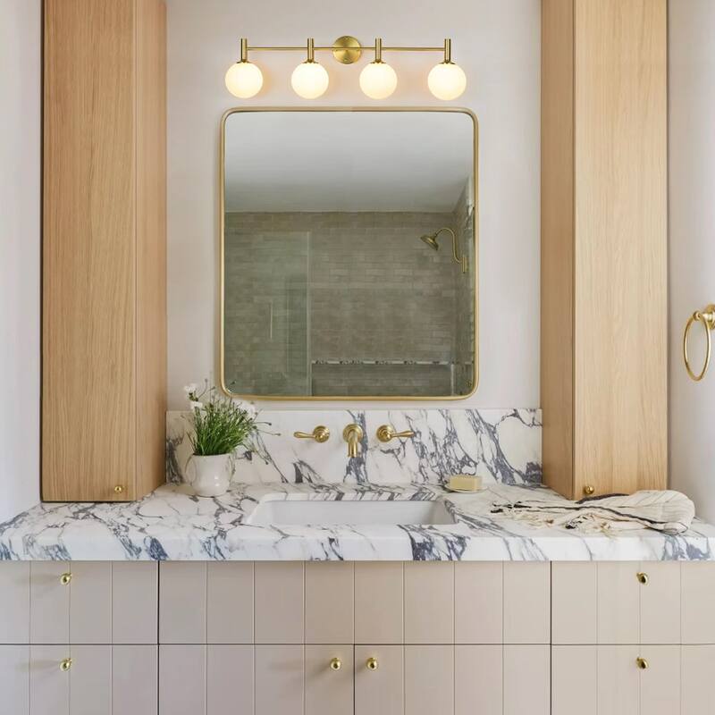 4-Light Brushed Brass Glass Globe Vanity Wall Lamp Bathroom Sconce