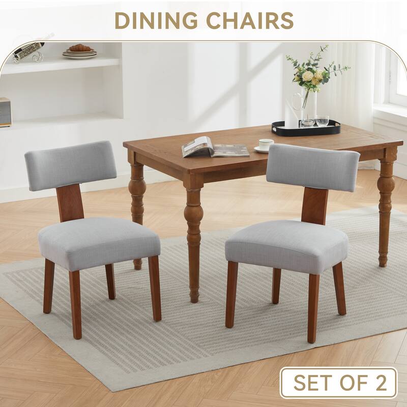 Linen Dining Chairs Set of 2, Armless Chairs with Curved Upholstered Backrest and Wooden Legs for Dining Room