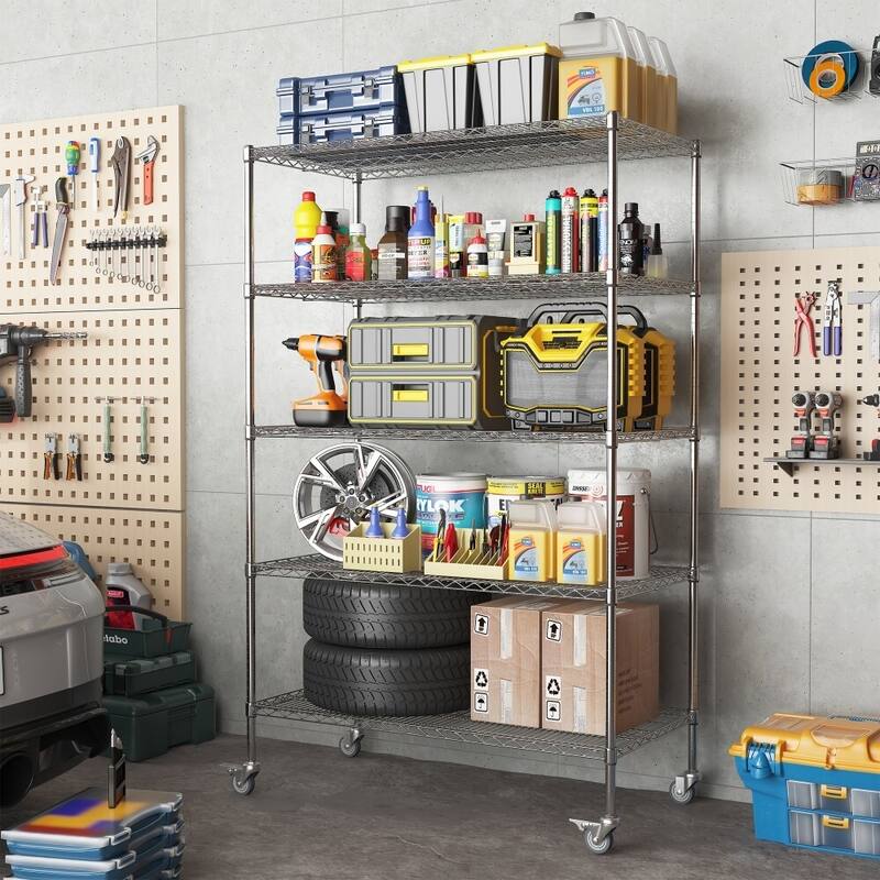 5 Tier Metal Large Storage Shelves with Wheels - Silver